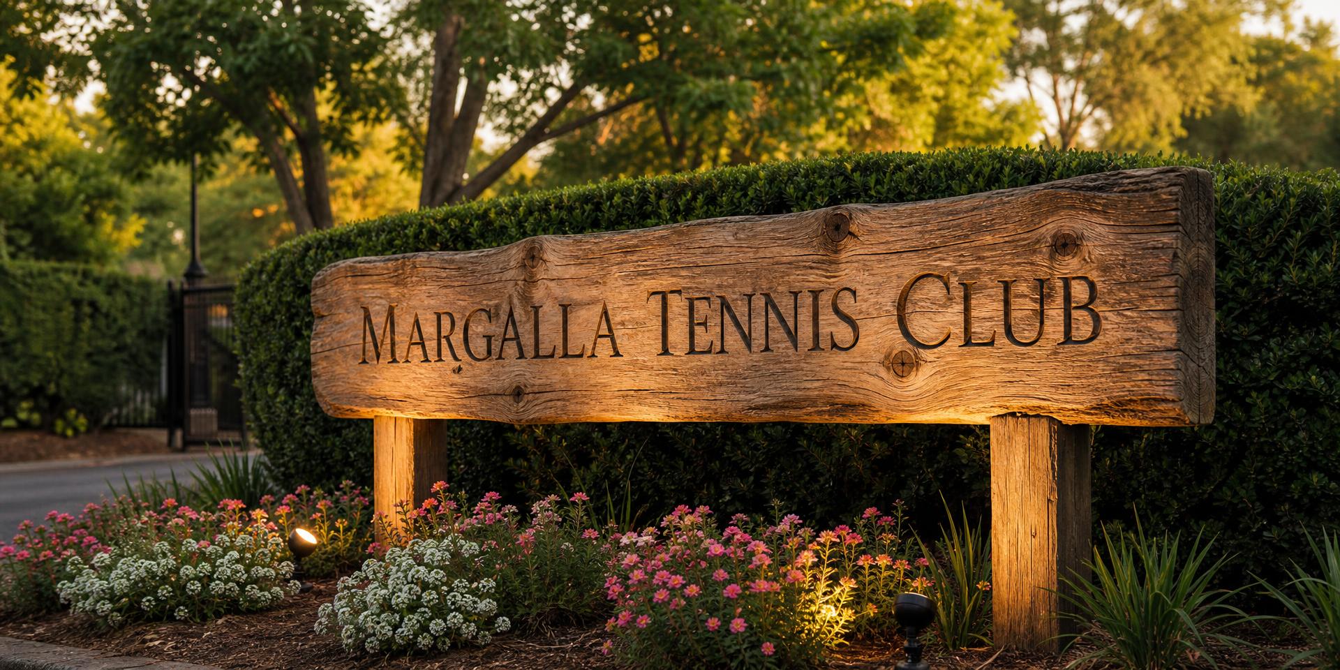 Margalla Tennis Club carved into a natural timber plank at the club entrance, lit from the ground and framed by hedges, trees and flower beds