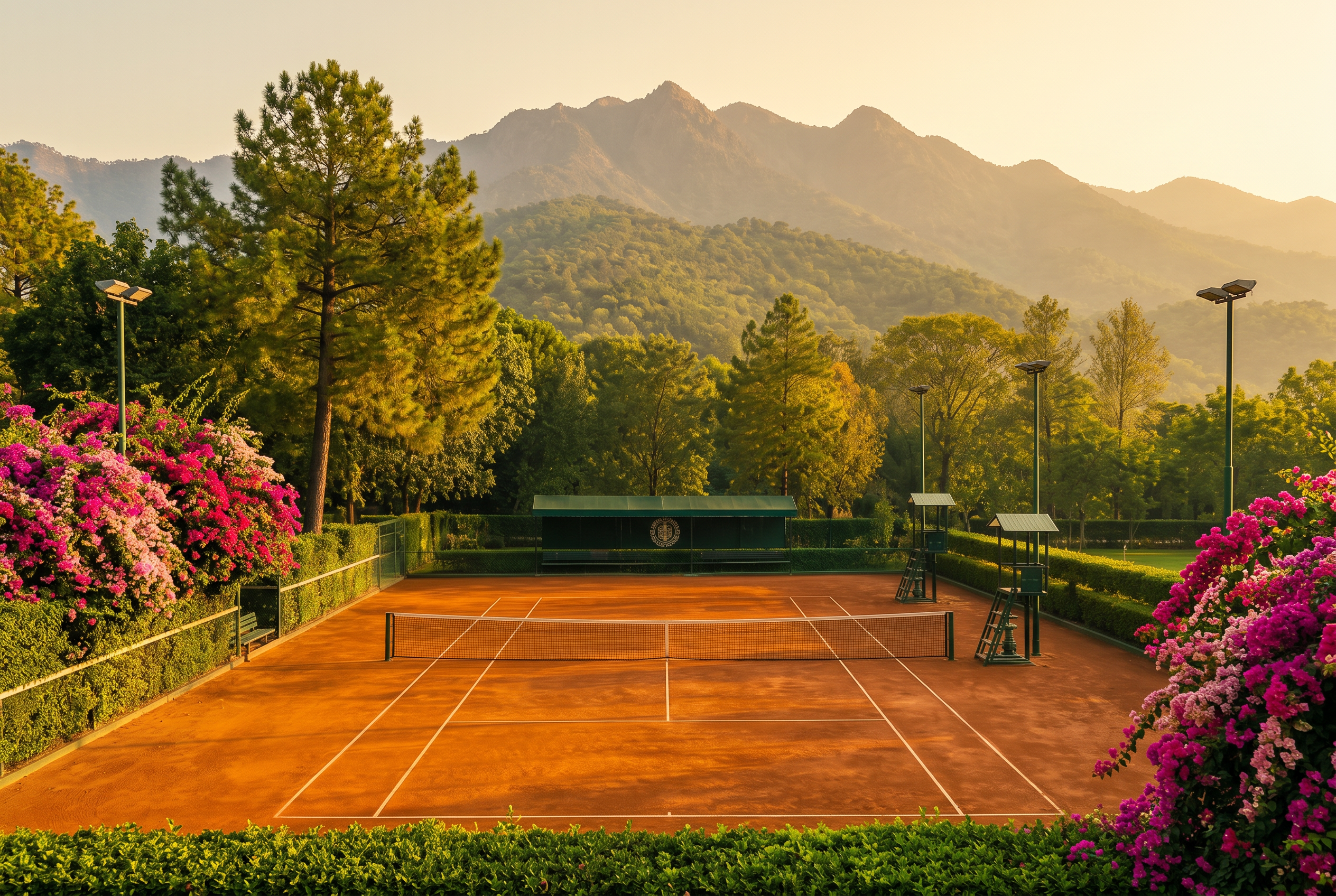 A single clay tennis court at Margalla Tennis Club, lit by court floodlights and framed by hedges and trees